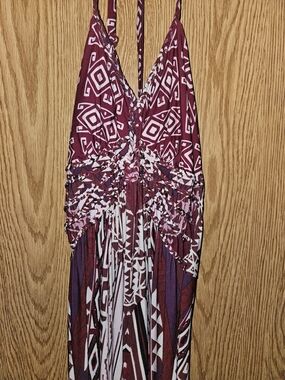 Vanity Maroon and White Geometric Halter Maxi Dress